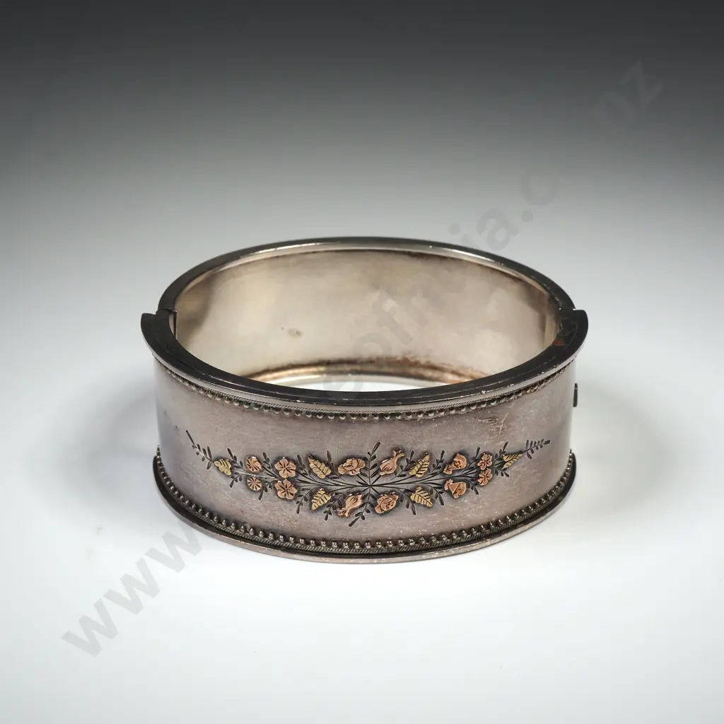 Antique Sterling Silver Hinged Bangle w Gold Embellishments Image 1++