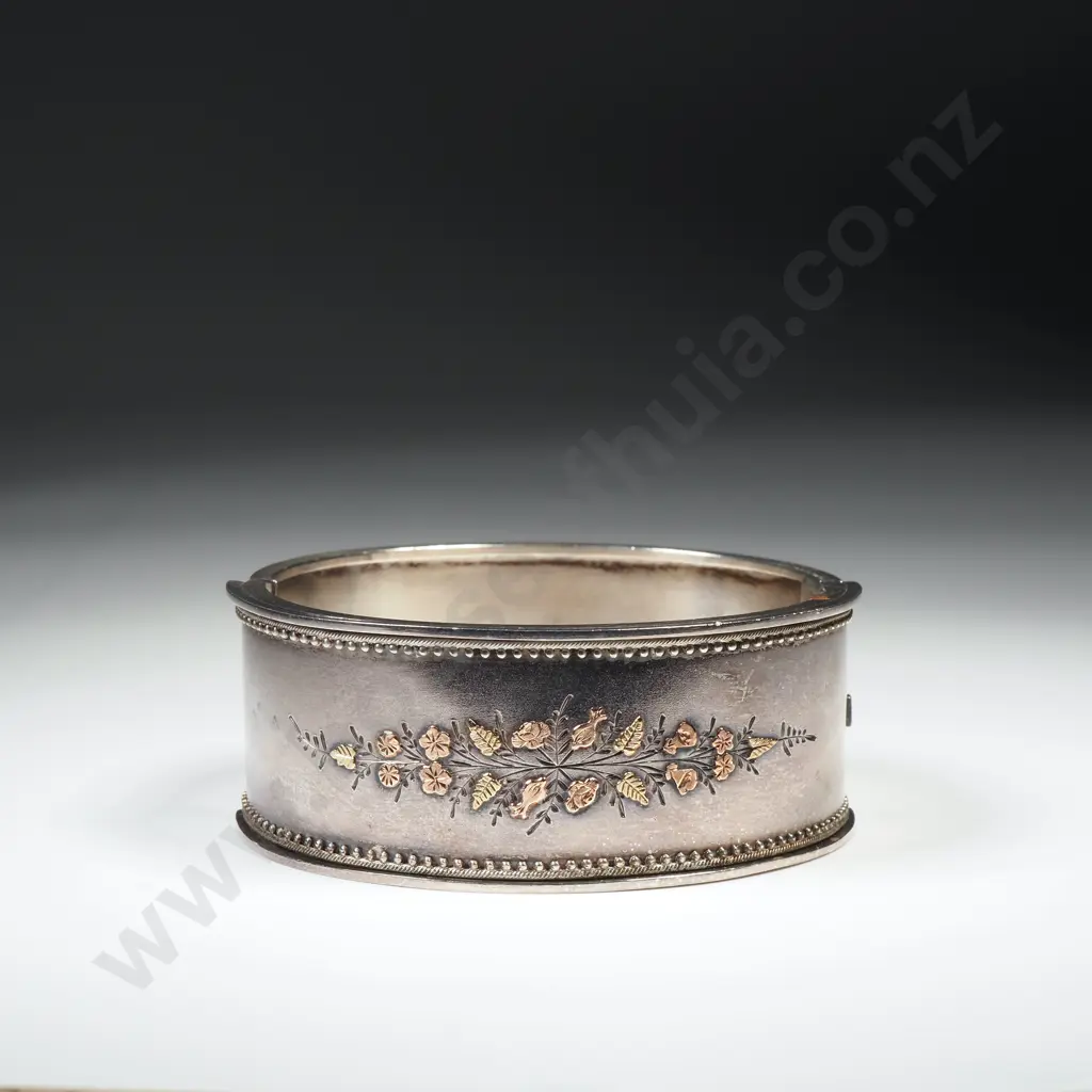 Antique Sterling Silver Hinged Bangle w Gold Embellishments Image 1++