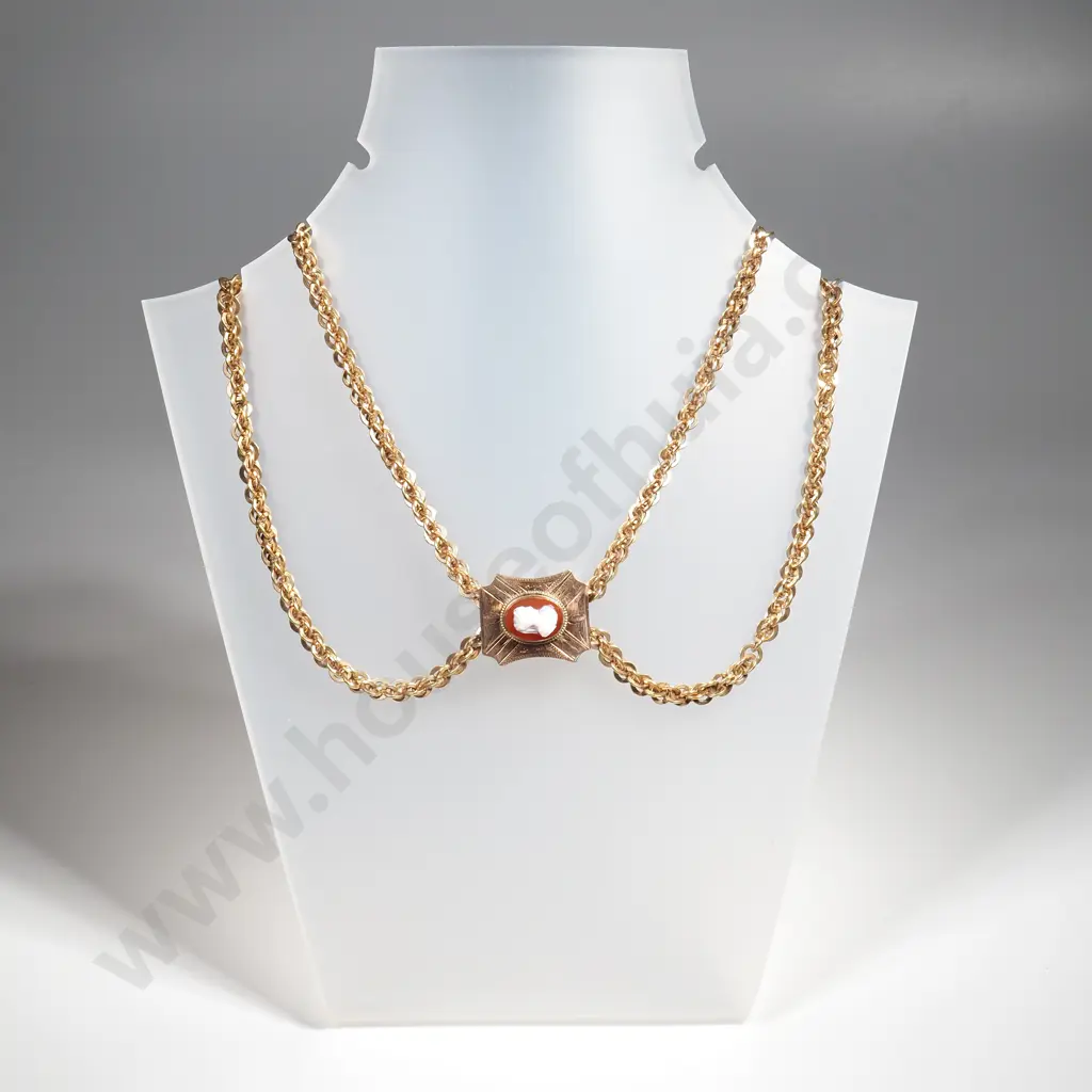 Magnificent Antique Rolled Gold Chain w Cameo Slide - Circa 1880 Image 1++