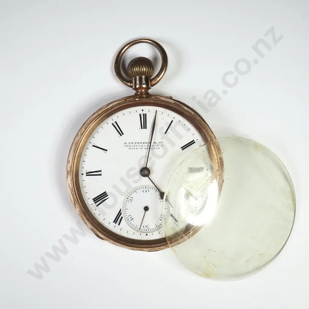 Antique 9ct Gold Open Faced Pocket Watch Retailed by B Petersen of CHCH w English Hallmarks Image 1++