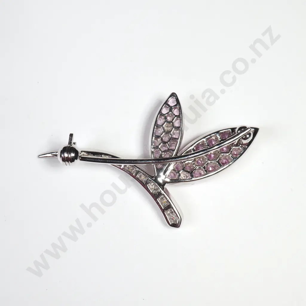 18ct White Gold Diamond & Pink Sapphire Brooch w Valuation for $3,100.00 Image 1++