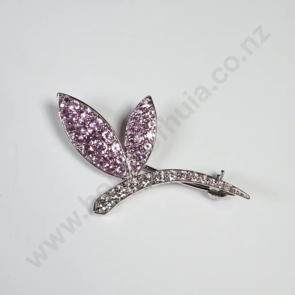 18ct White Gold Diamond & Pink Sapphire Brooch w Valuation for $3,100.00 Image 1++