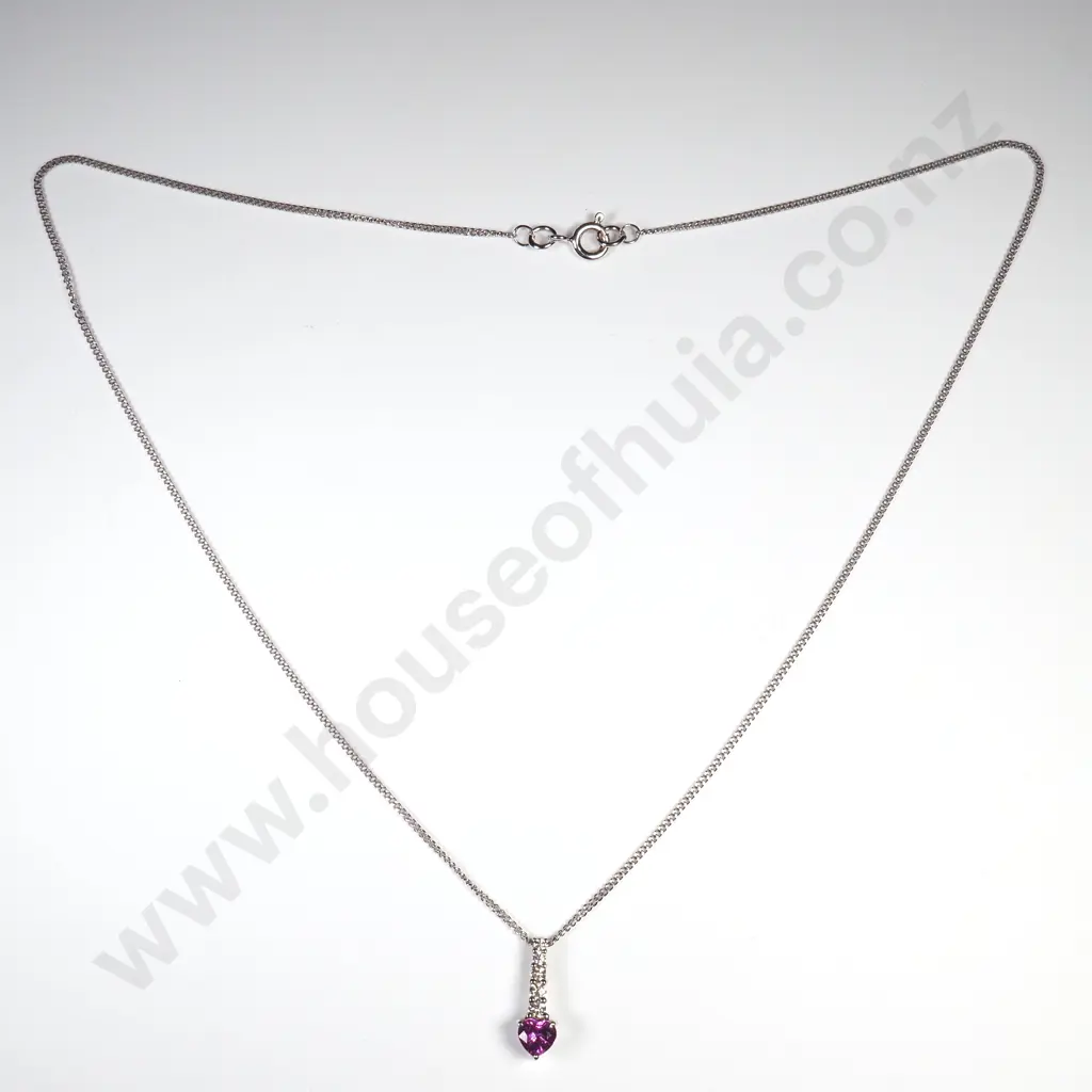 18ct White Gold, Diamond & Pink Sapphire Pendant Image 1++