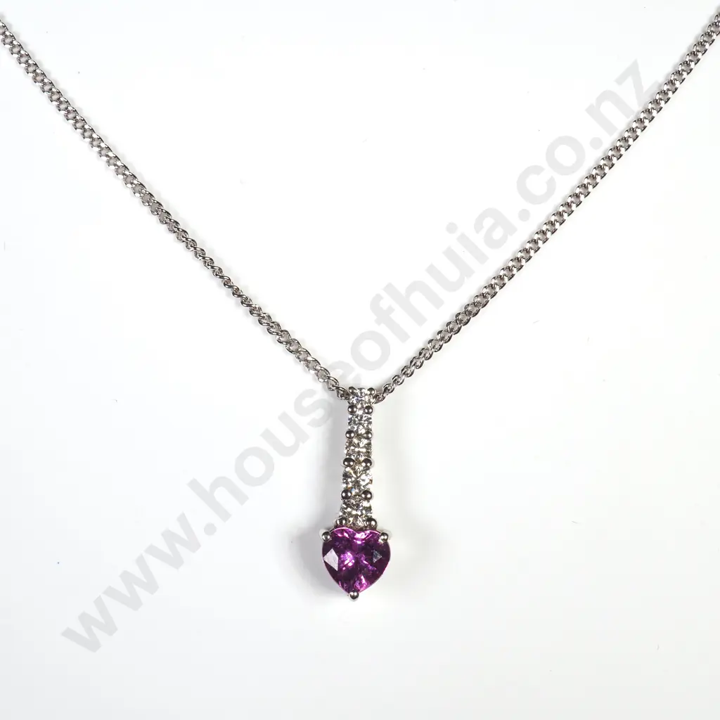 18ct White Gold, Diamond & Pink Sapphire Pendant Image 1++