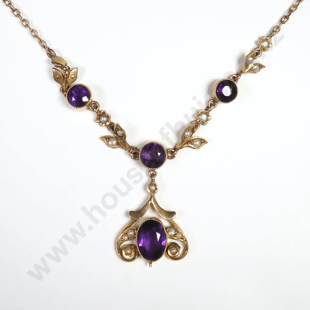 Exceptional Edwardian Seedpearl & Amethyst 9ct Gold Necklace Image 1++