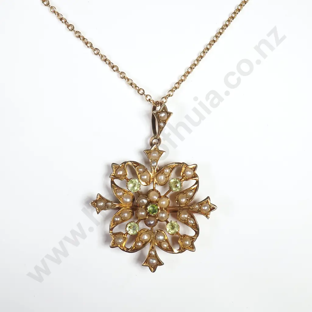 Edwardian 9ct Gold Seedpearl & Gem Pendant on 9ct Gold Necklace Image 1++