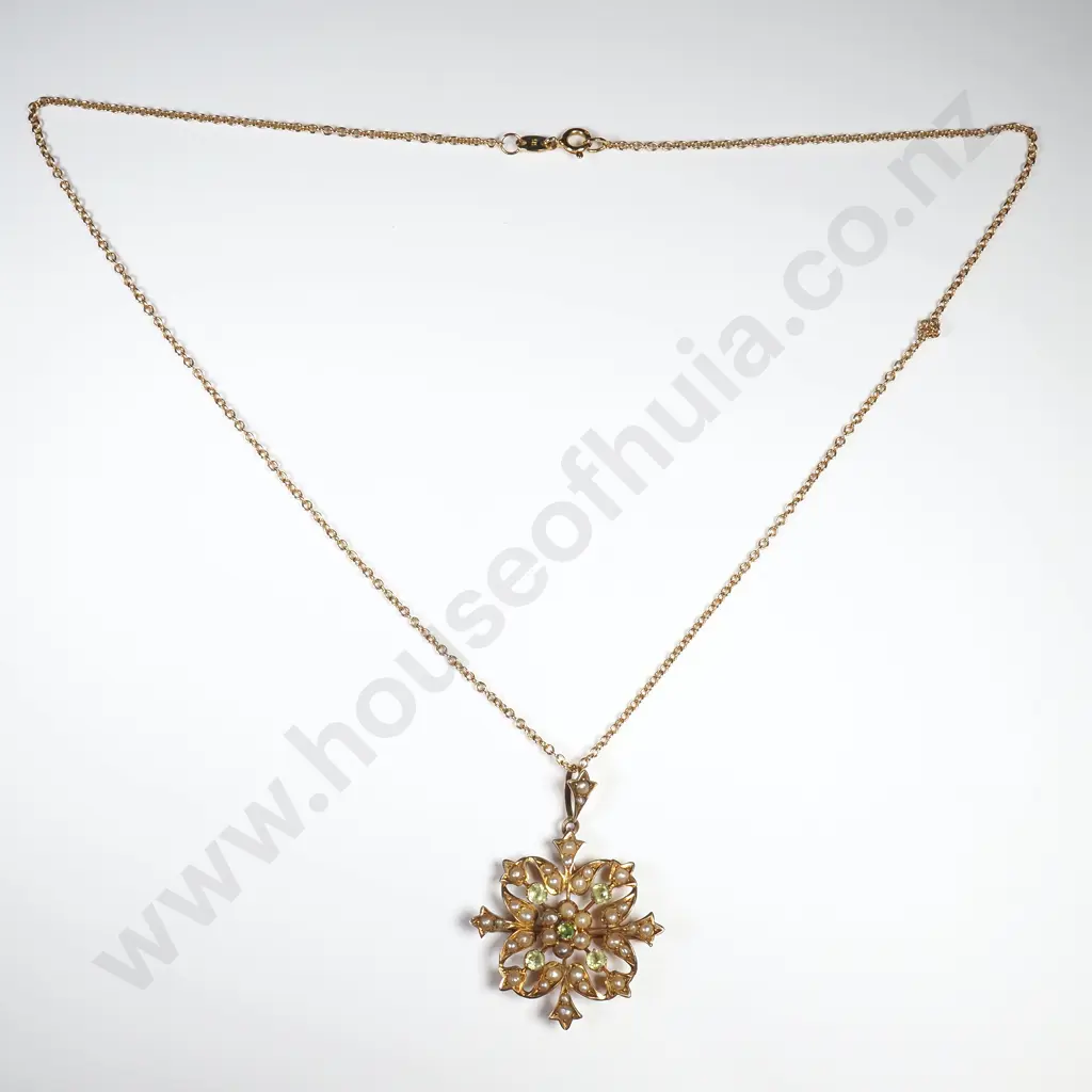 Edwardian 9ct Gold Seedpearl & Gem Pendant on 9ct Gold Necklace Image 1++