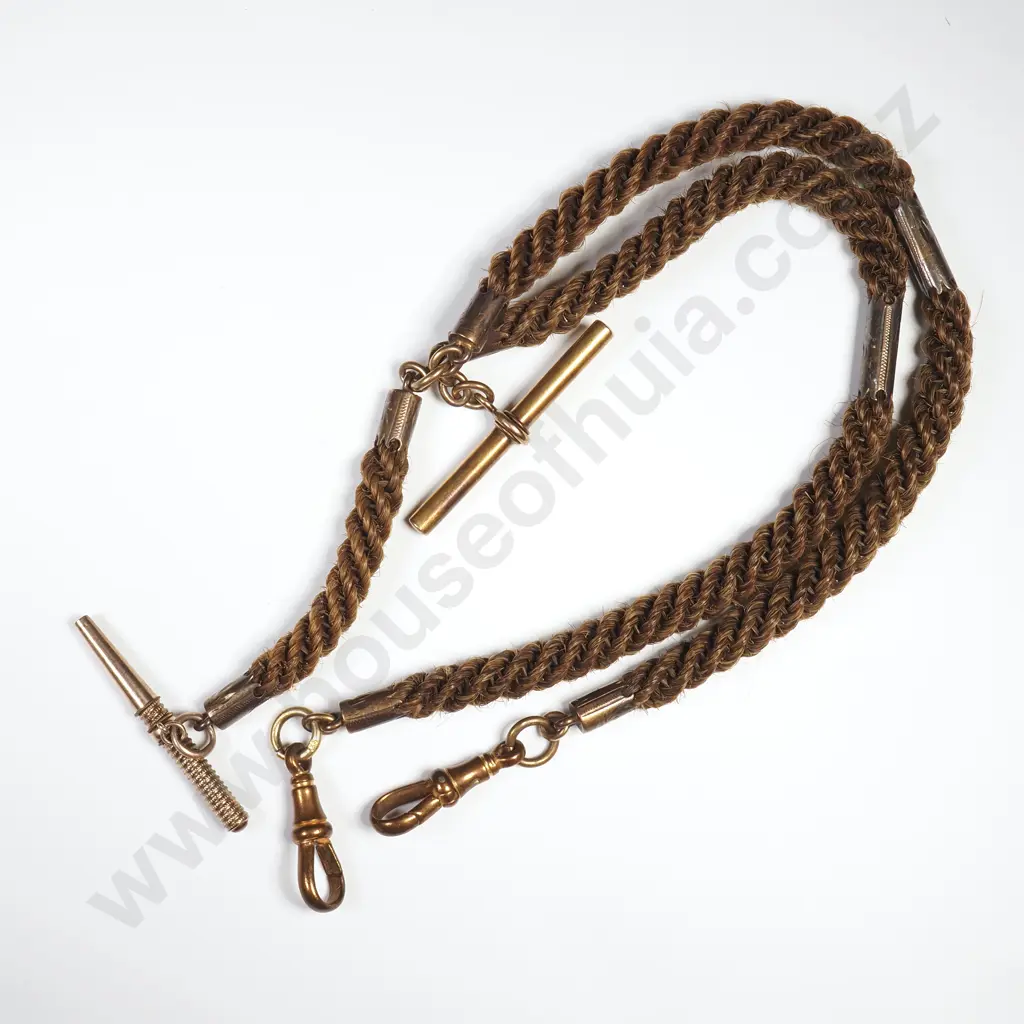 Antique Woven Hair Double Albert Chain With Pocket Watch Key Attached Image 1++