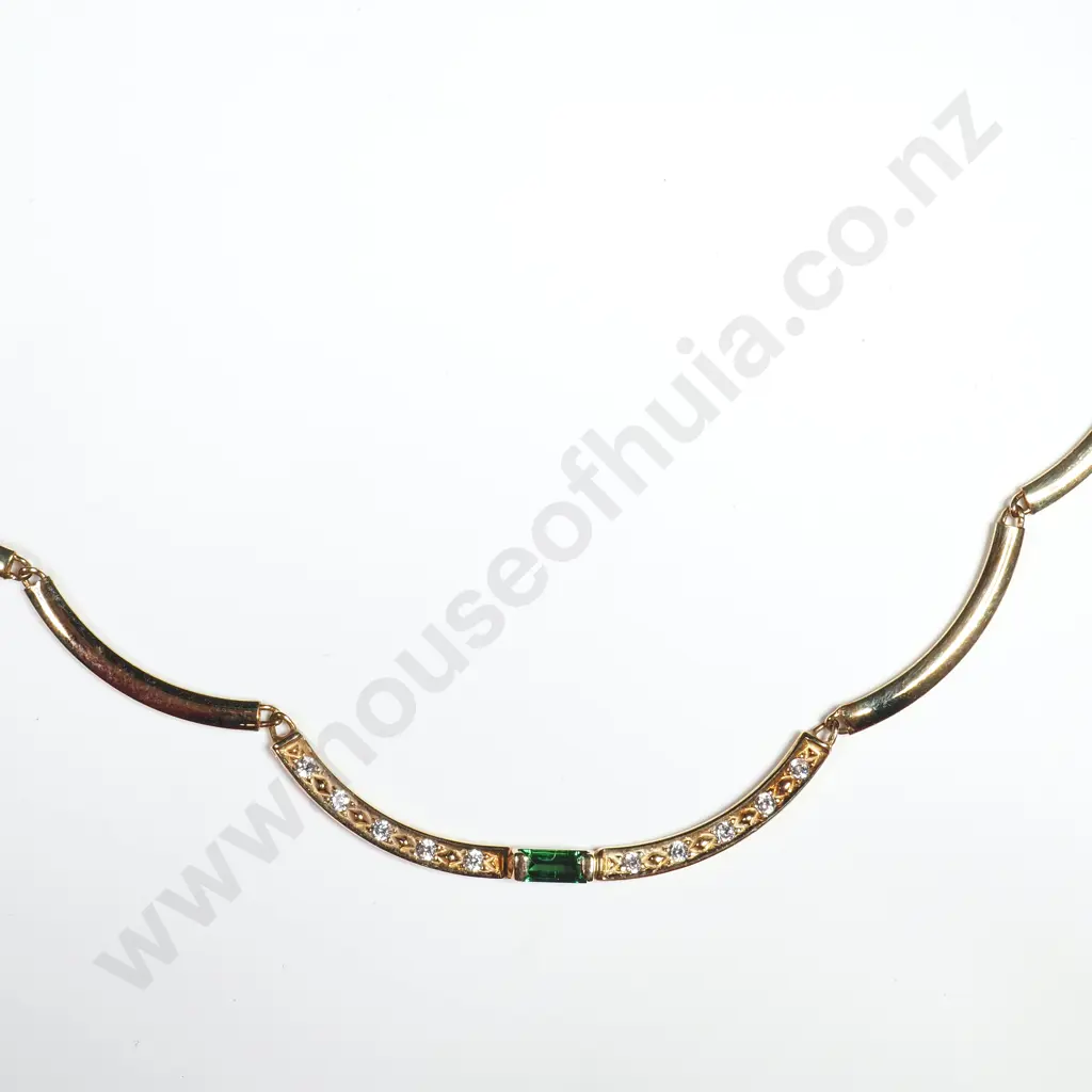 Vintage 14ct Gold Green & White Stone Necklace Image 1++