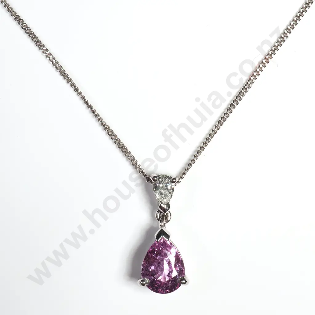 18ct White Gold Diamond & Pink Sapphire Pendant w Valuation for $3,760.00 Image 1++