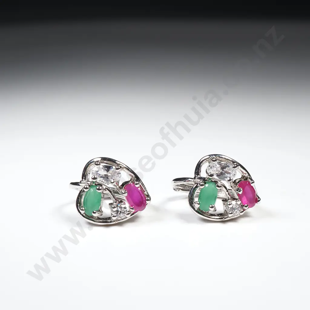 9ct White Gold Earrings w Synthetic Ruby and Emerald Image 1++