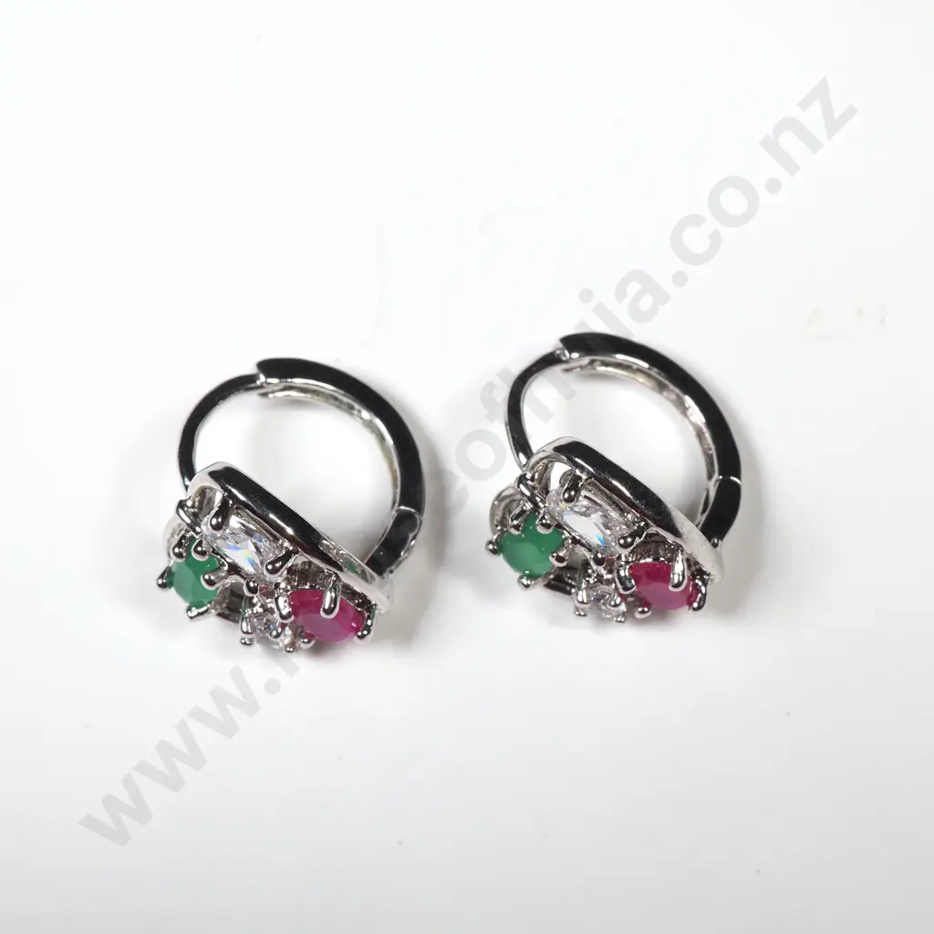 9ct White Gold Earrings w Synthetic Ruby and Emerald Image 1++