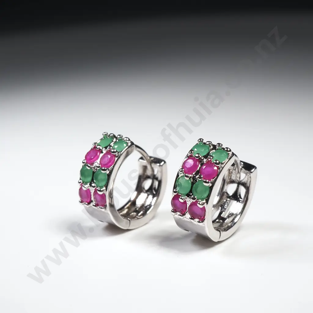 9ct White Gold Earrings w Synthetic Ruby and Emerald Image 1++