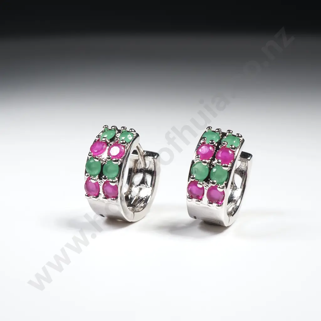 9ct White Gold Earrings w Synthetic Ruby and Emerald Image 1++