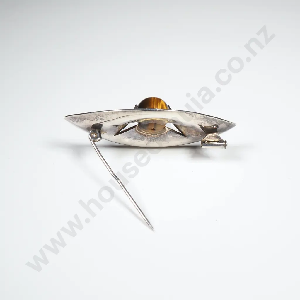 Finland Modernist Sterling Silver & Tigers Eye Brooch Image 1++