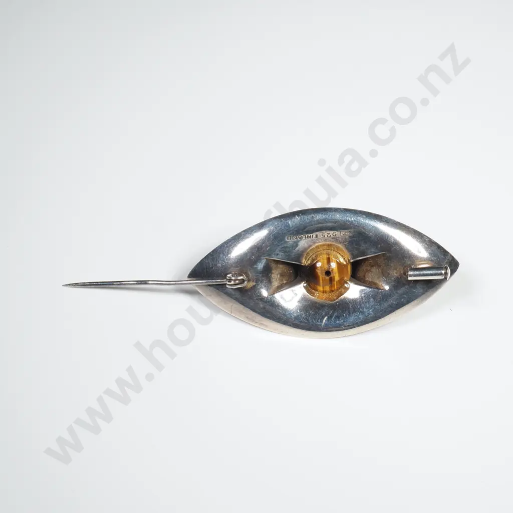 Finland Modernist Sterling Silver & Tigers Eye Brooch Image 1++