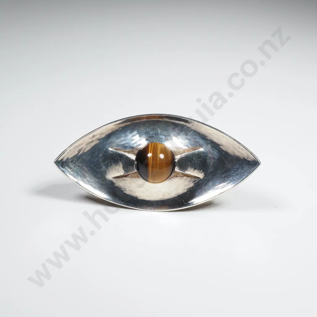 Finland Modernist Sterling Silver & Tigers Eye Brooch Image 1++