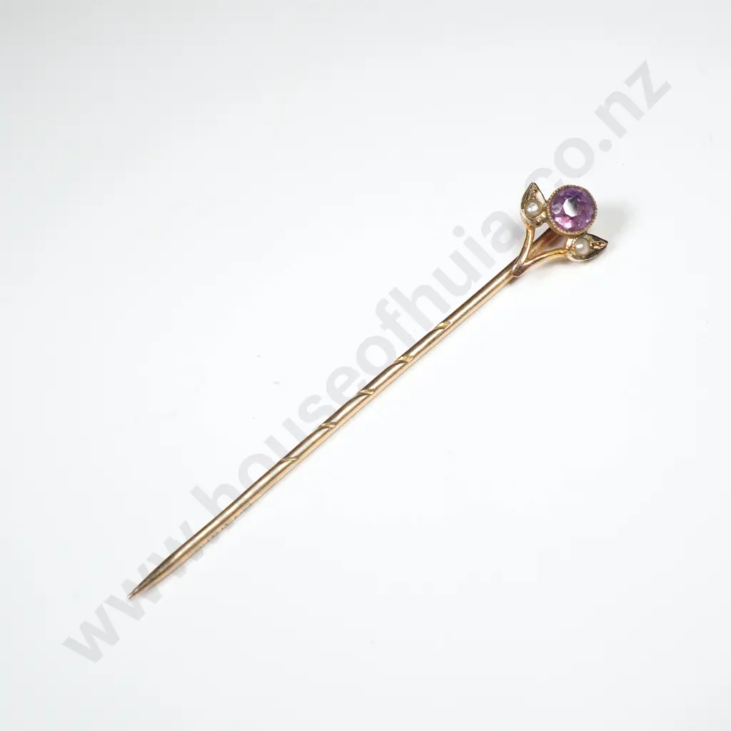 Antique 9ct Gold Amethyst & Seed Pearl Stick PIn Image 1++
