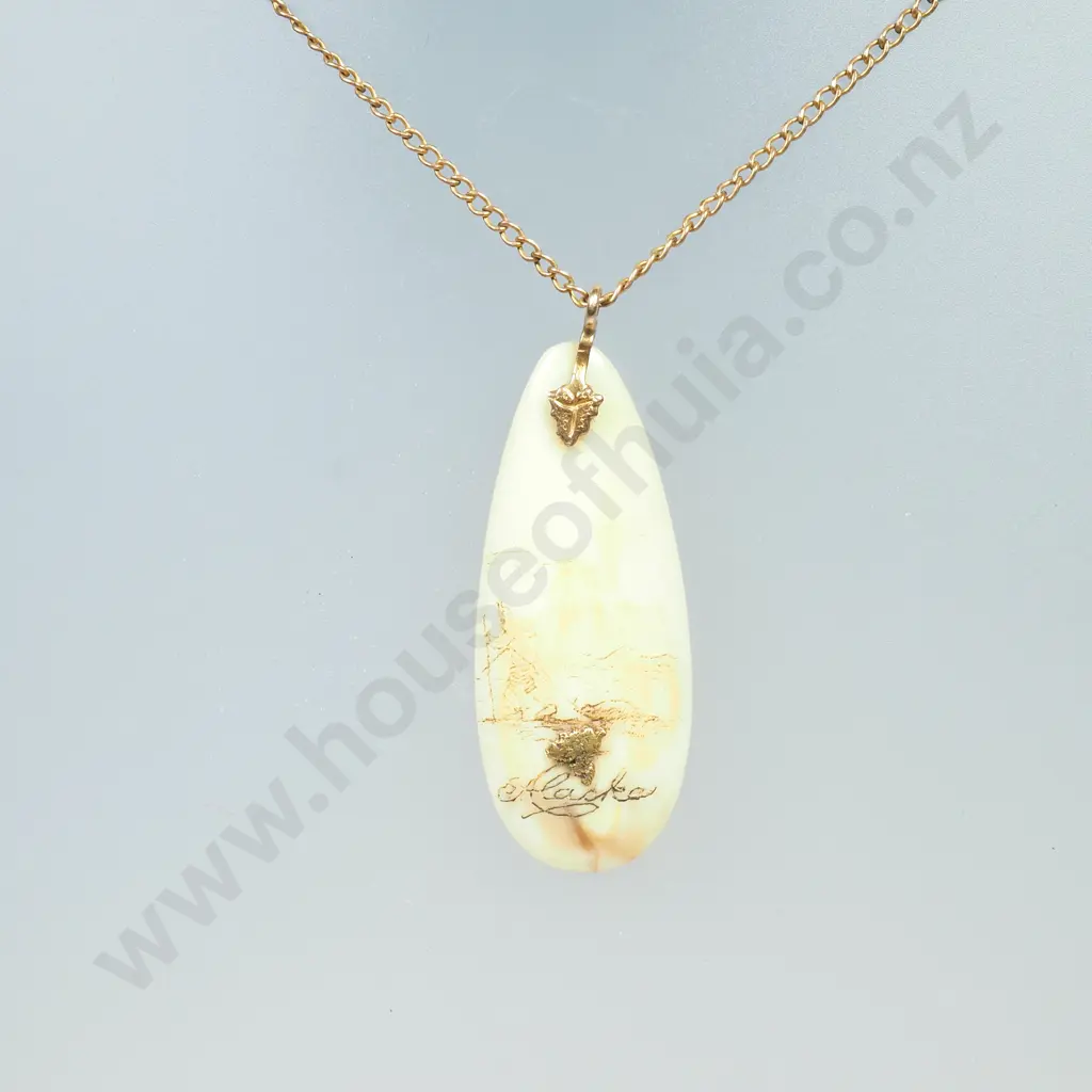 Vintage Scrimshaw Pendant w Gold Nugget on Front Image 1++