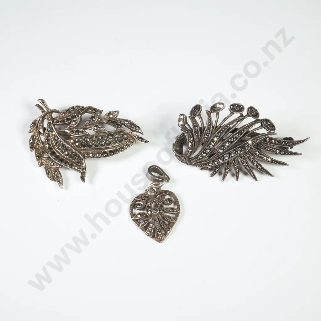 Two Sterling Silver & Marcasite Brooches & a Sterling Silver & Marcasite Small Pendant in the form of a Heart Image 1++
