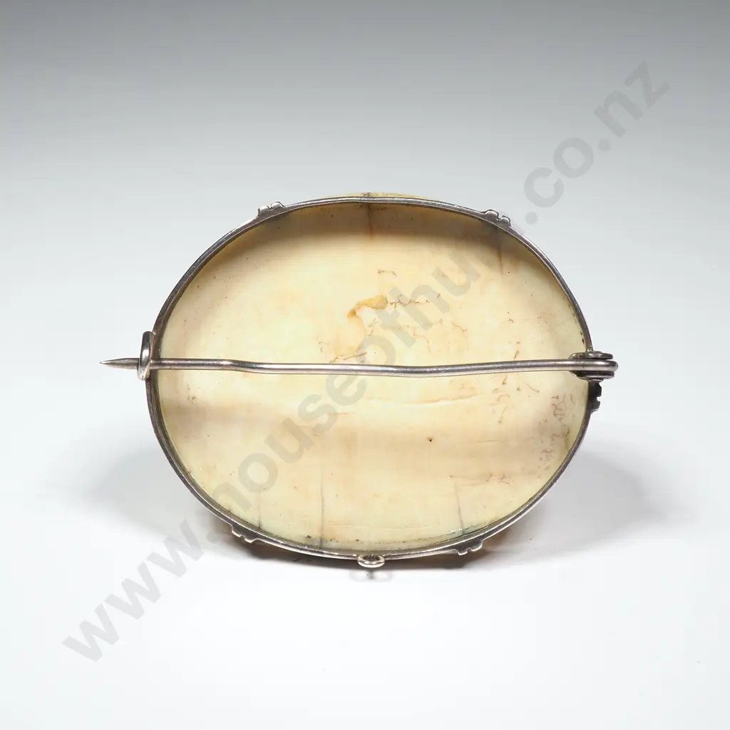 Chinese Canton Carved Ivory Brooch w Intricate Carving in High Relief in Sterling Silver Mount Image 1++