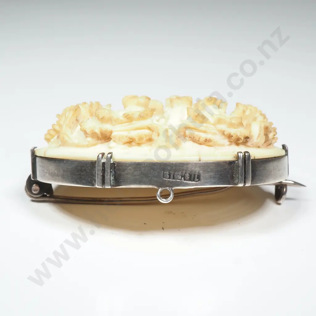 Chinese Canton Carved Ivory Brooch w Intricate Carving in High Relief in Sterling Silver Mount Image 1++
