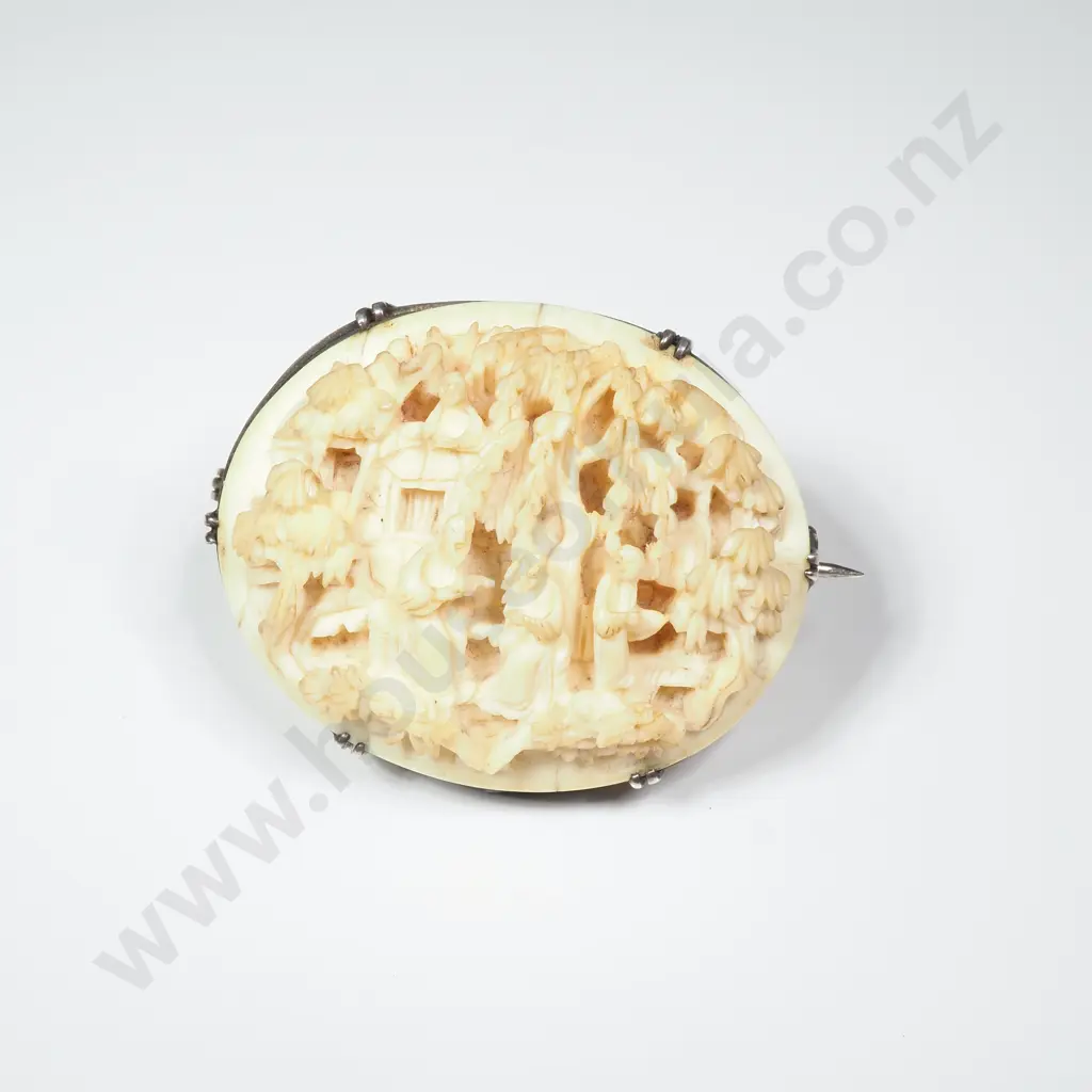 Chinese Canton Carved Ivory Brooch w Intricate Carving in High Relief in Sterling Silver Mount Image 1++