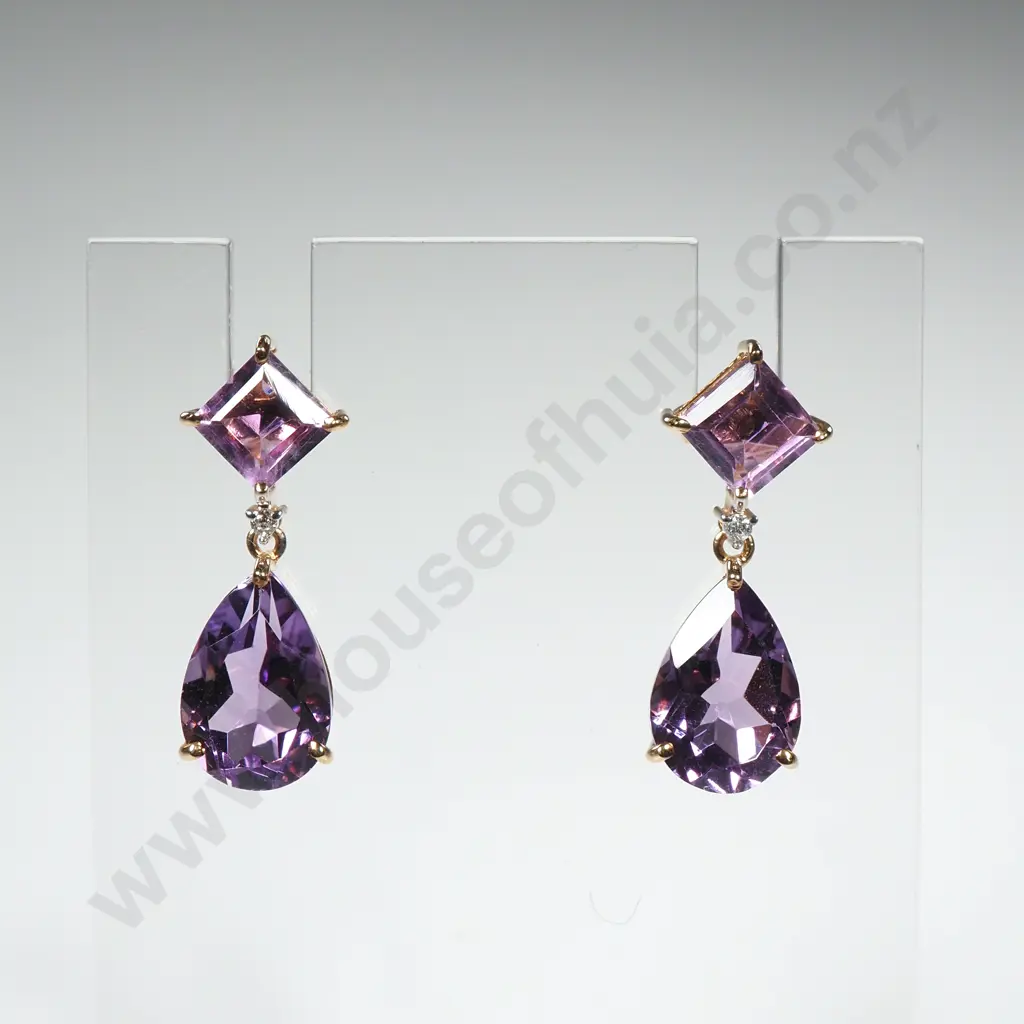 14 CT Gold Diamond & Amethyst Earrings Image 1++