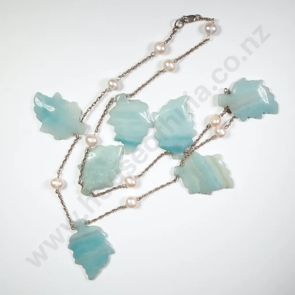 Sterling Silver Necklace w Pearls & Carved leaf Embellishments Image 1++