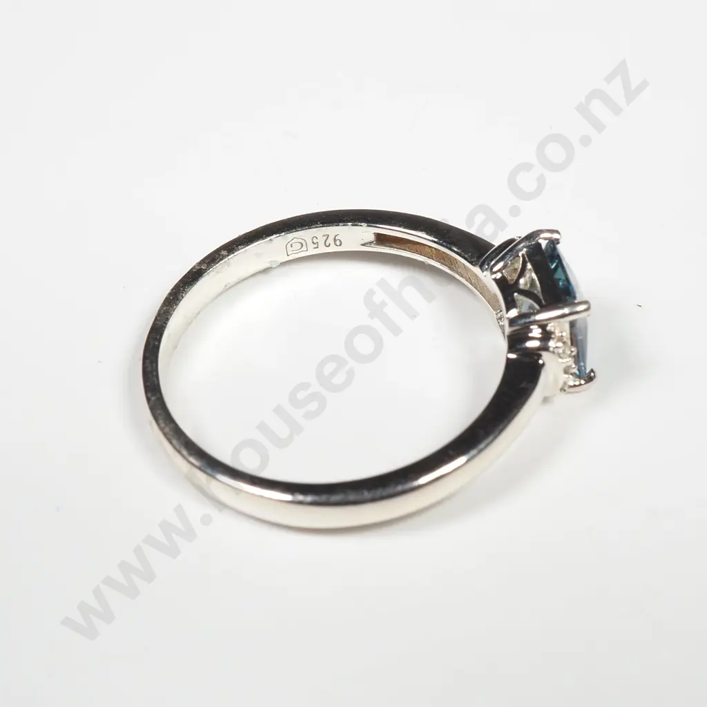 Sterling Silver Santa Maria Topaz & White Zircon Ring w Authenticity Card Image 1++