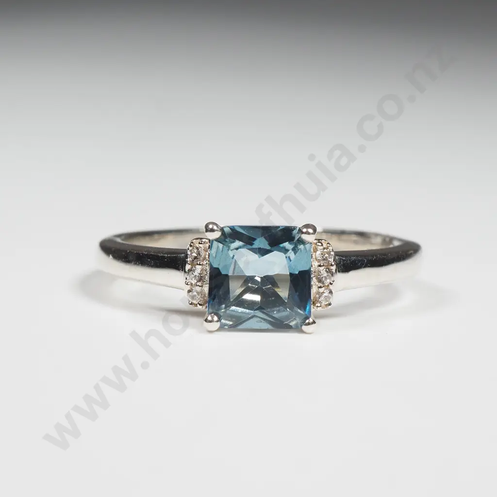 Sterling Silver Santa Maria Topaz & White Zircon Ring w Authenticity Card Image 1++