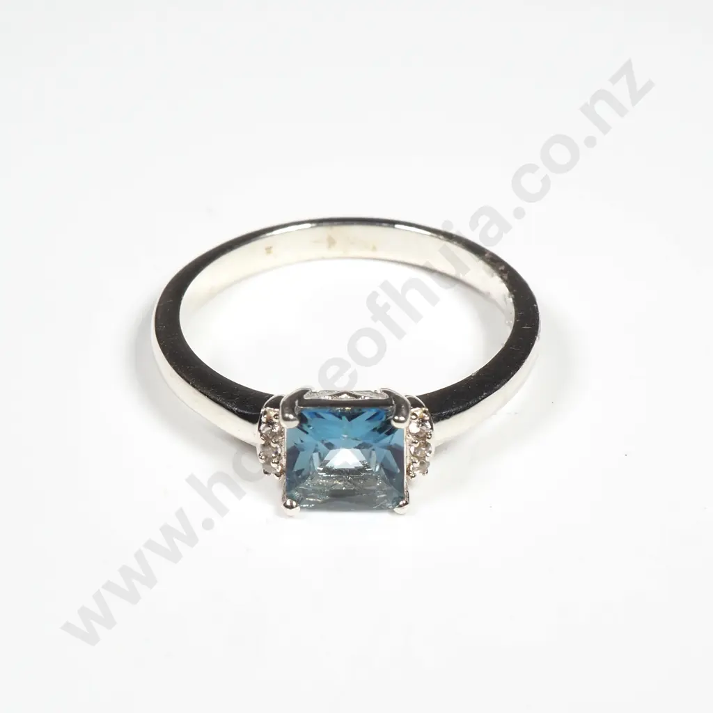 Sterling Silver Santa Maria Topaz & White Zircon Ring w Authenticity Card Image 1++