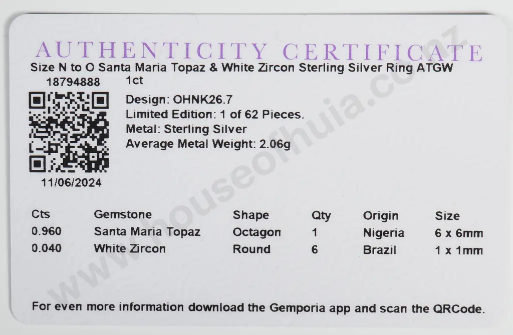 Sterling Silver Santa Maria Topaz & White Zircon Ring w Authenticity Card Image 1++