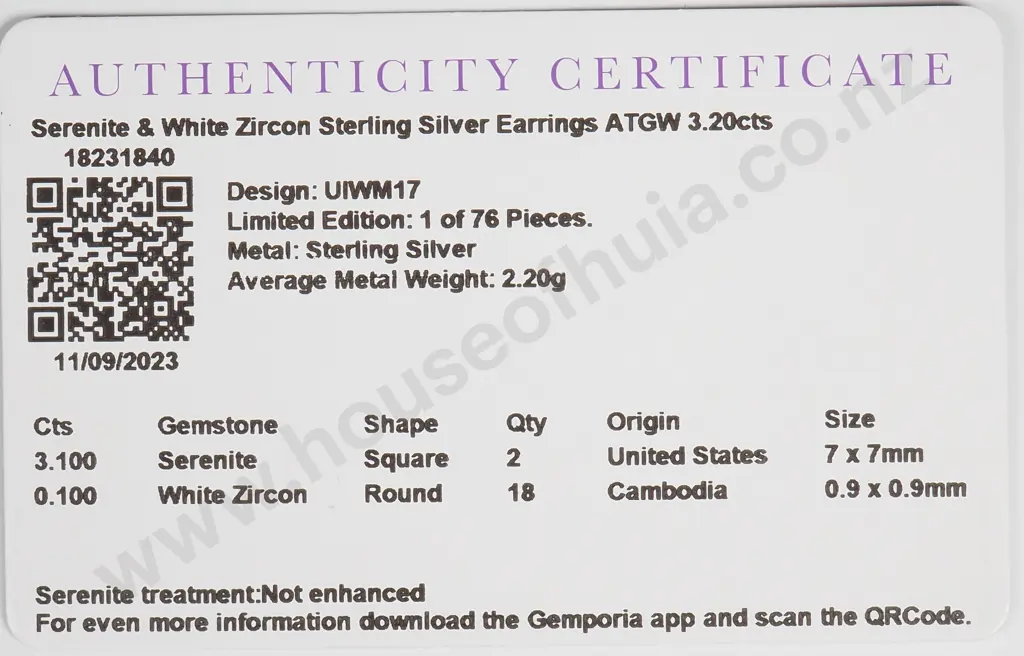Sterling Silver Serenite & White Zircon Earrings w Authenticity Card Image 1++