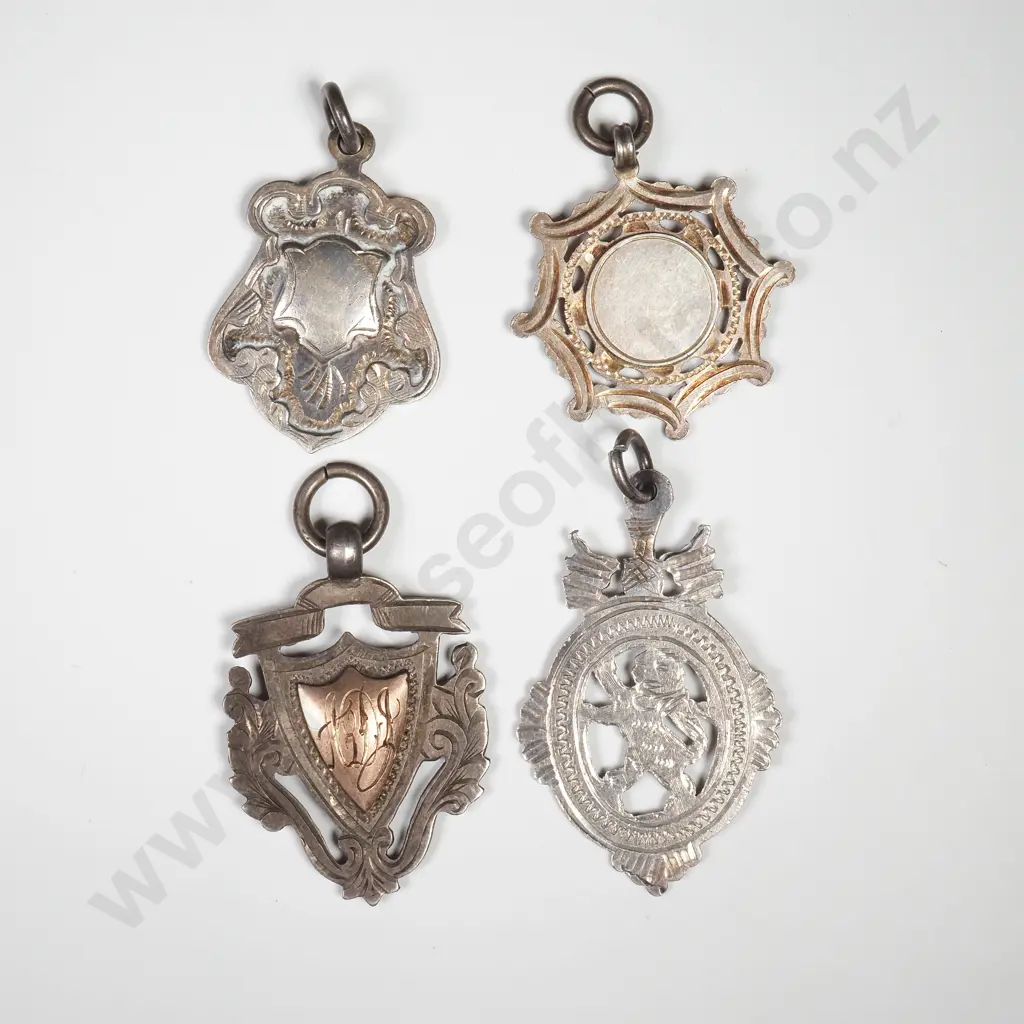 4 X Antique Sterling Silver Fob Medals, Each Hallmarked For Birmingham Image 1++