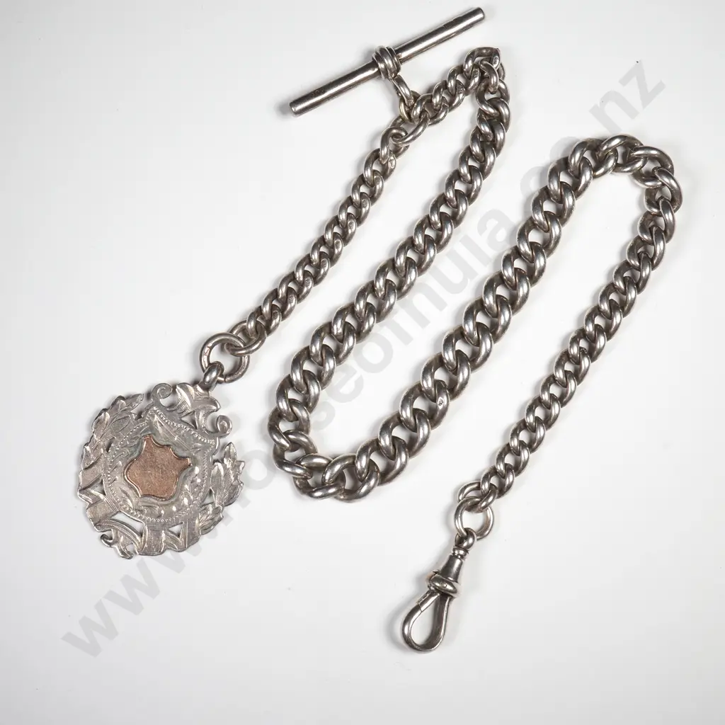Antique Sterling Silver Graduated Curb Link Single Albert Chain With Sterling Silver Medal Image 1++