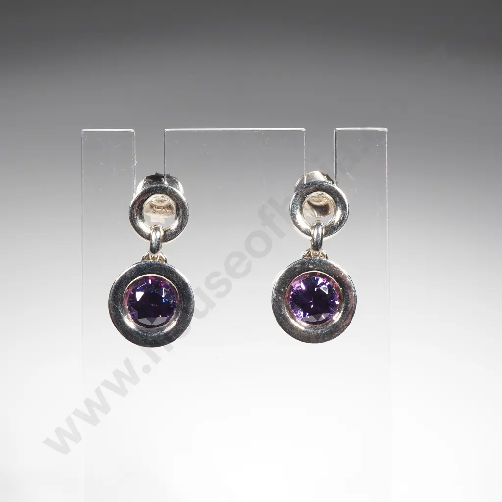 Sterling Silver Drop Earrings w Purple Stones Image 1++