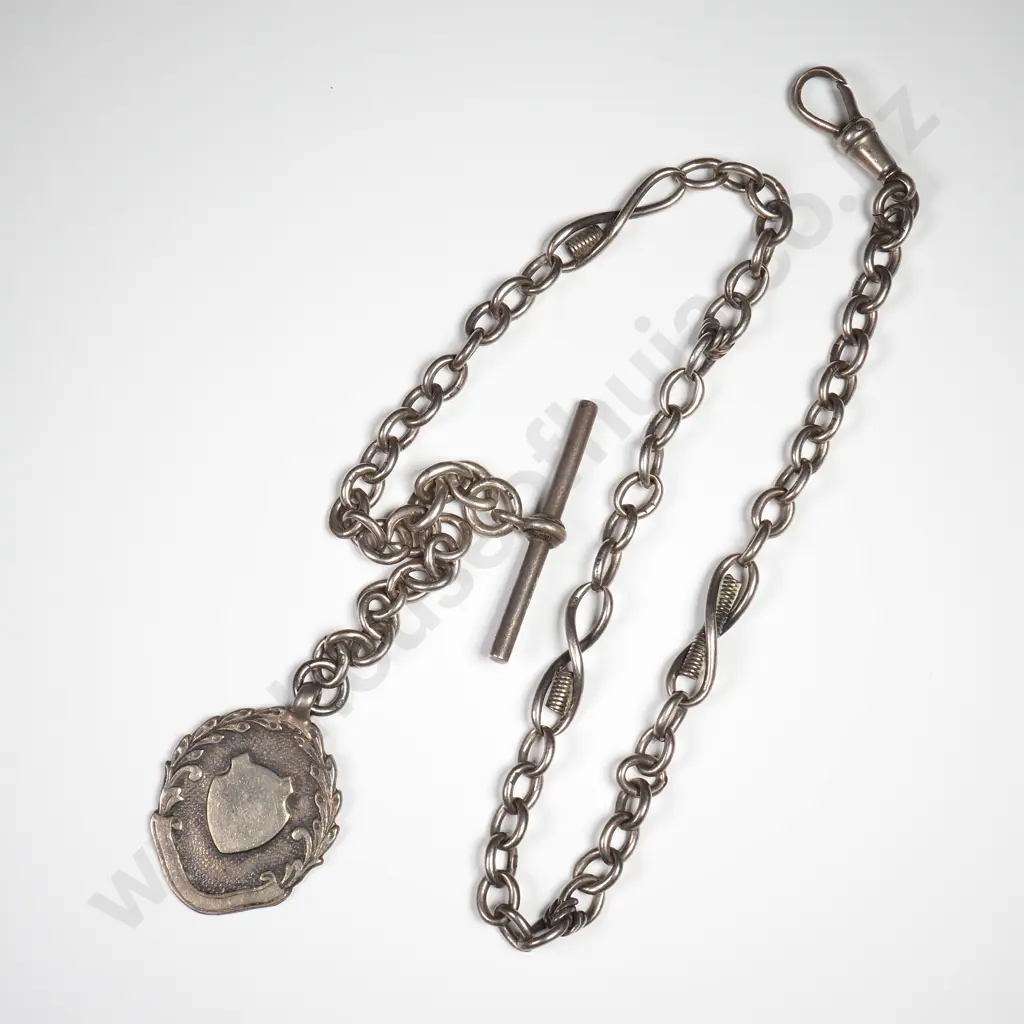 Antique Sterling Silver Single Albert Chain With Sterling Silver Medal Image 1++