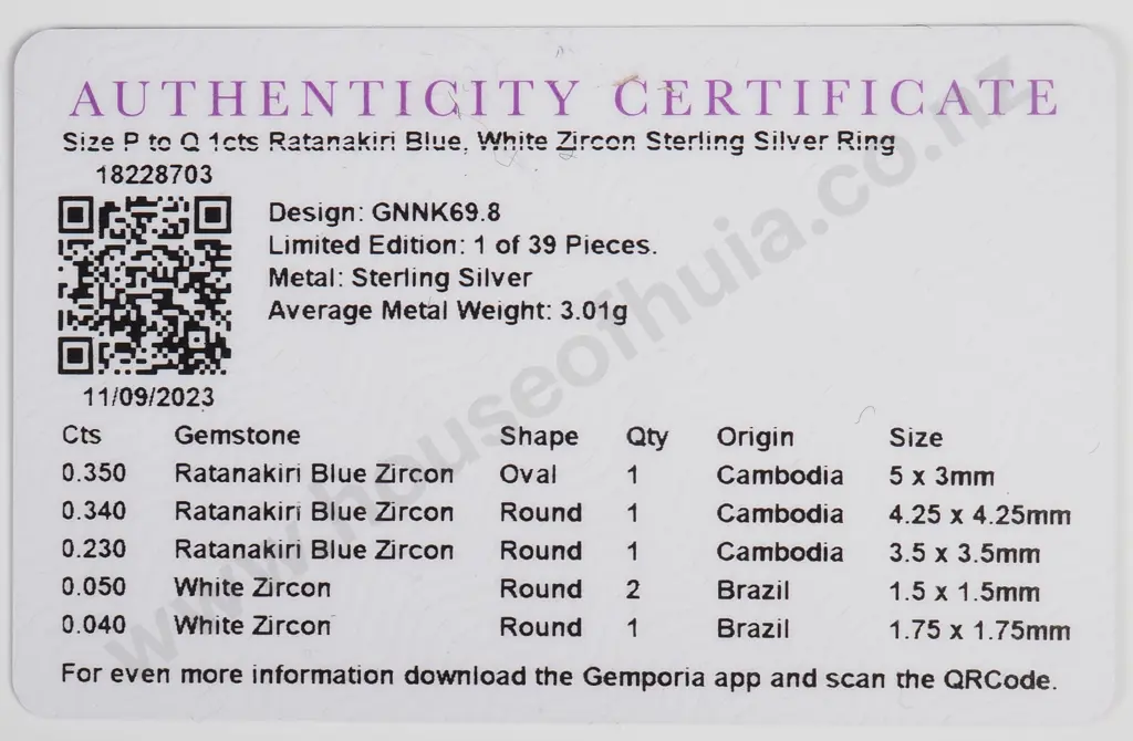 Sterling Silver Ratanakiri Blue & White Zircon Ring w Authenticity Card Image 1++