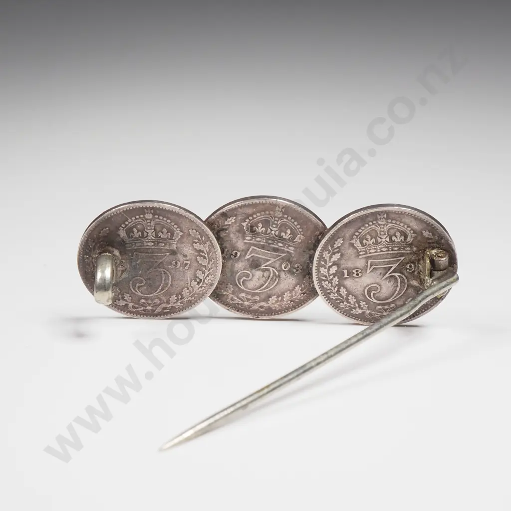 Antique Sterling Silver British Threepence Brooch Image 1++