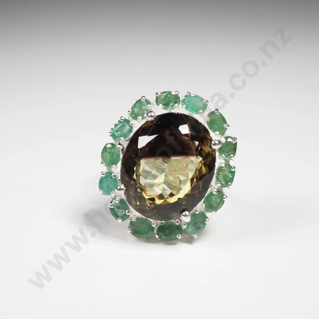 Sterling Silver Honey Quartz & Emerald Ring Image 1++