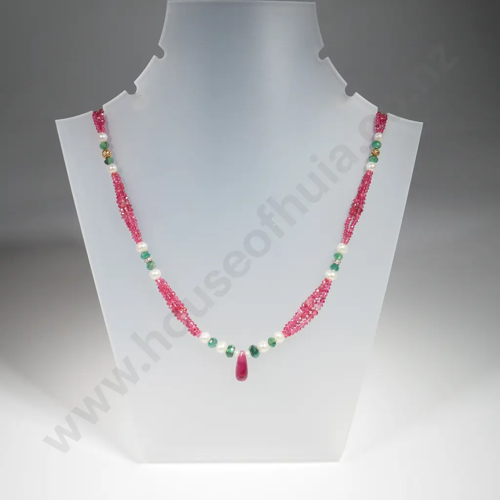 Diamond, Ruby, Emerald & Pearl necklace with Gold rounds Image 1++
