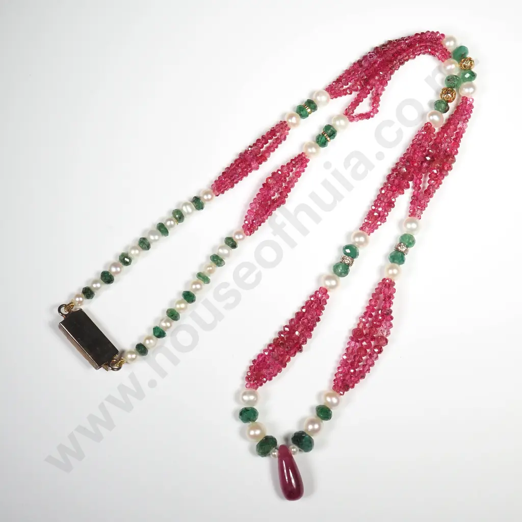 Diamond, Ruby, Emerald & Pearl necklace with Gold rounds Image 1++