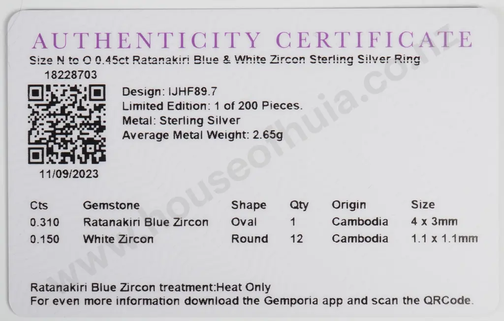 Sterling Silver Ratanakiri Blue & White Zircon Ring w Authenticity Card Image 1++