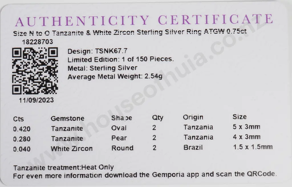 Sterling Silver Tanzanite & White Zircon Ring w Authenticity Card Image 1++