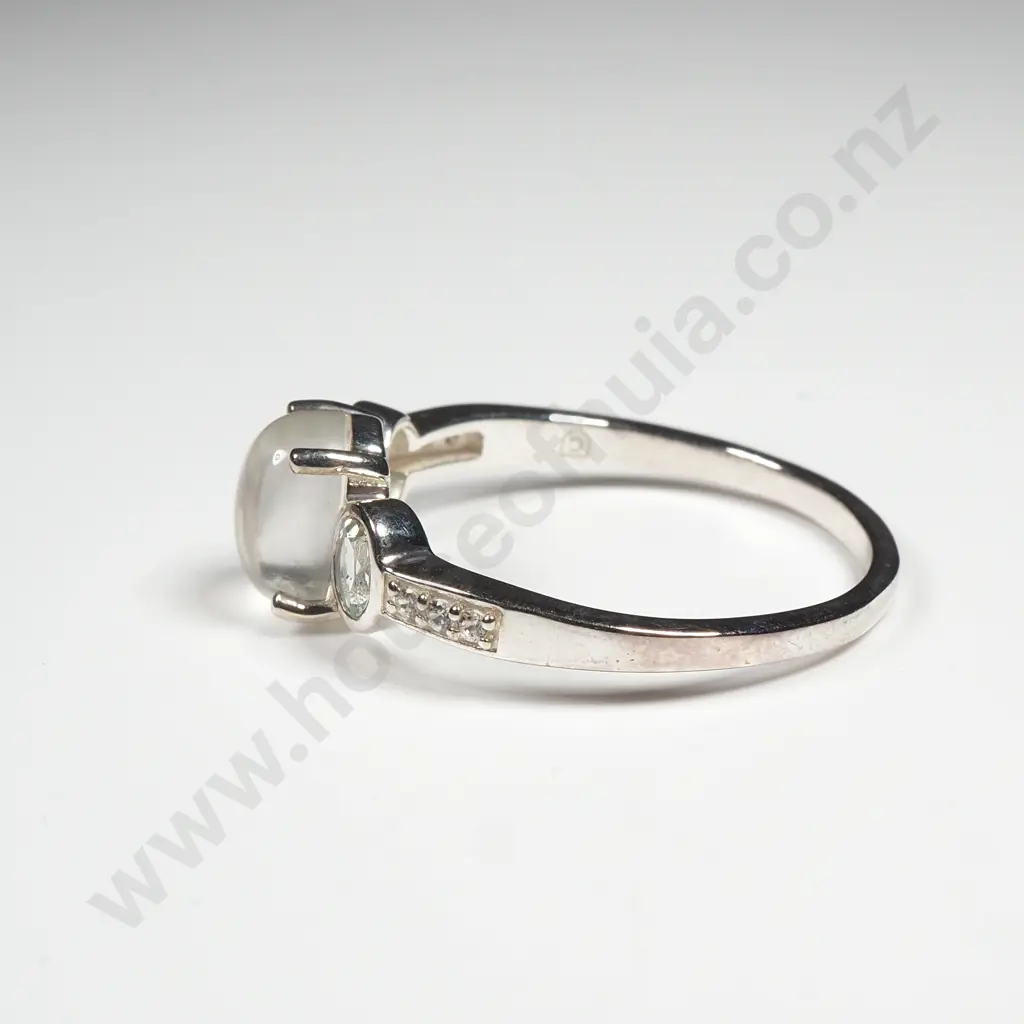 Sterling Silver South Indian Moonstone Aquaiba Beryl & White Zircon Ring w Authenticity Card Image 1++