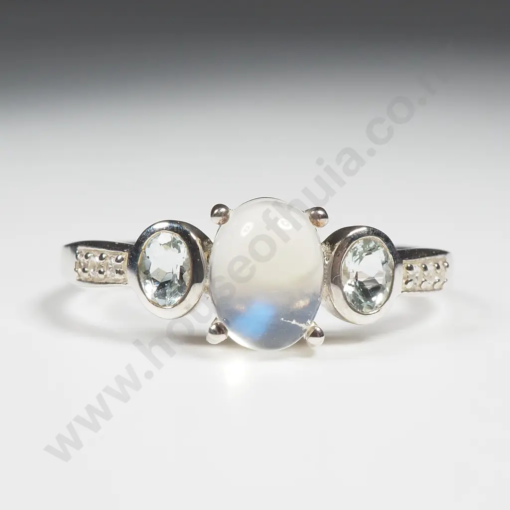 Sterling Silver South Indian Moonstone Aquaiba Beryl & White Zircon Ring w Authenticity Card Image 1++