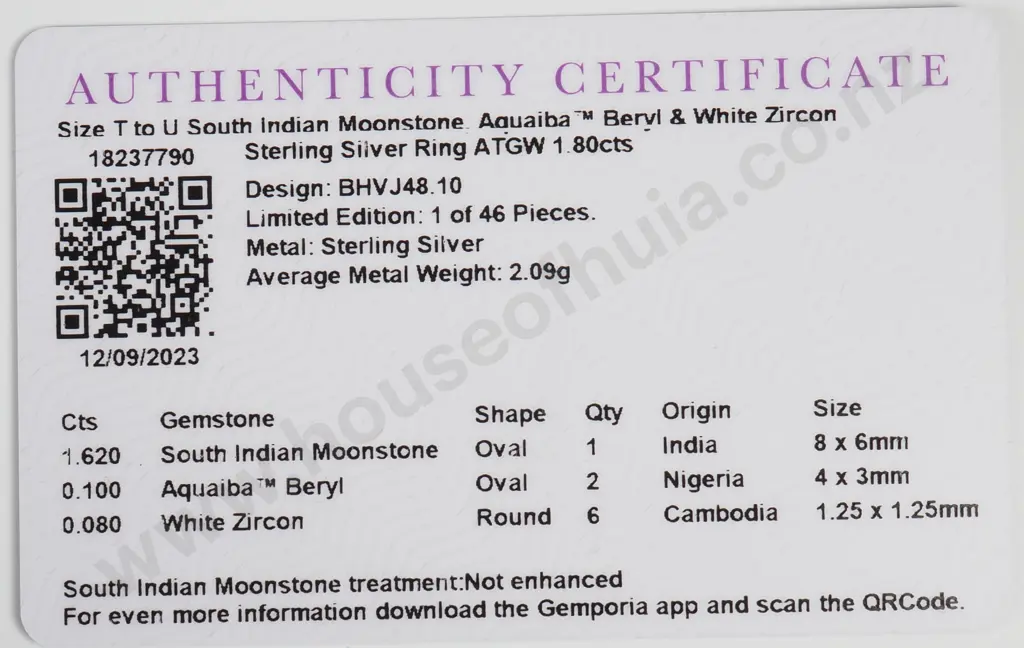 Sterling Silver South Indian Moonstone Aquaiba Beryl & White Zircon Ring w Authenticity Card Image 1++