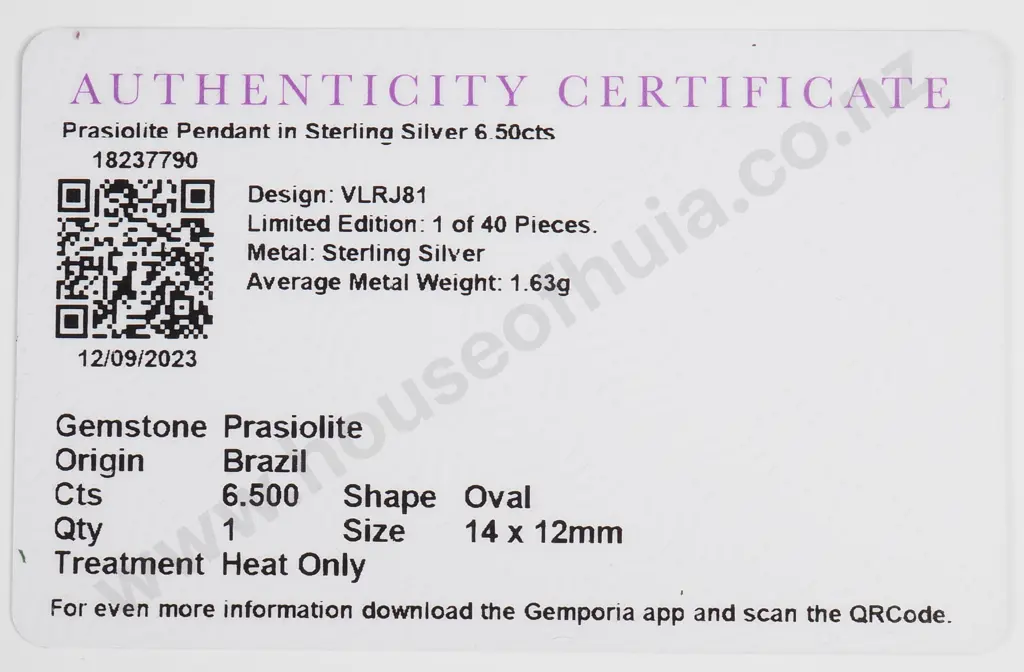 Sterling Silver Prasiolite Pendant w Authenticity Card Image 1++