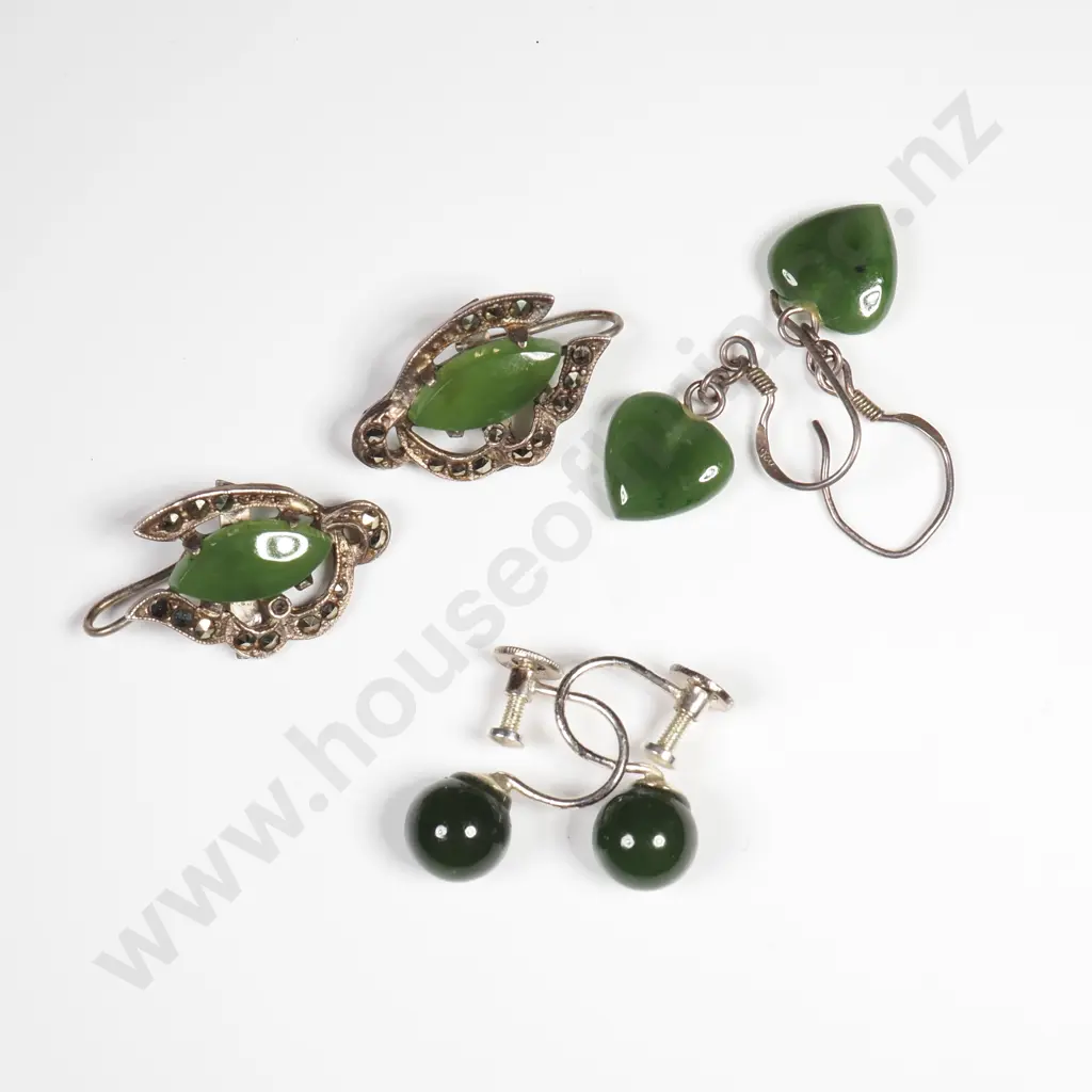 Three Pairs of Sterling Silver & Greenstone Earrings Image 1++